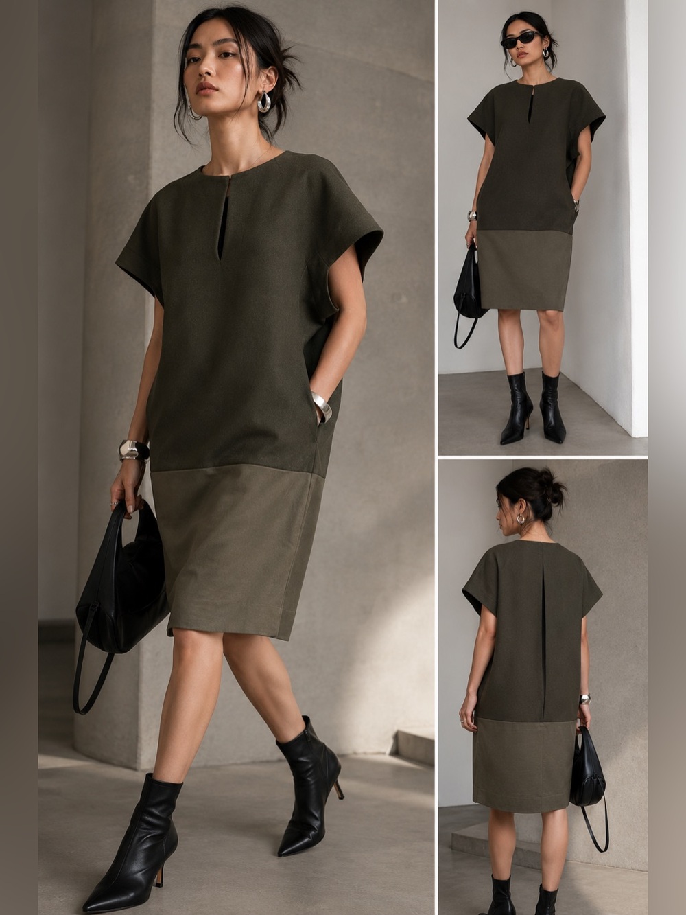 DES PRÉS Made in Japan Olive Green Wool Blend Shift Dress US S